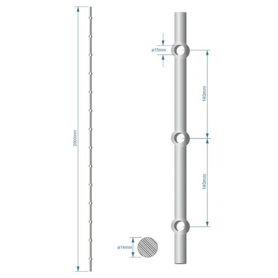 prebíjaná tyč H 2000mm opieskovaná, profil ø14mm, rozteč dier 140mm, oko ø15mm - 14ks