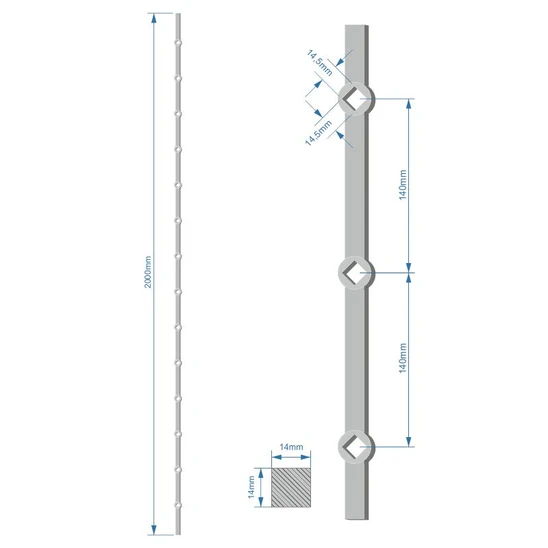 prebíjaná tyč H 2000mm opieskovaná, profil 14x14mm, rozteč dier 140mm, oko 14,5x14,5mm - 14ks