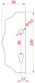 Štít 230x93x3mm s otvormi, rozteč 90mm, otvor pre kľučku ø 19,5mm, hladký, obojstranný (ľavý aj pravý), pre zámok ZM90/80 - slide 1