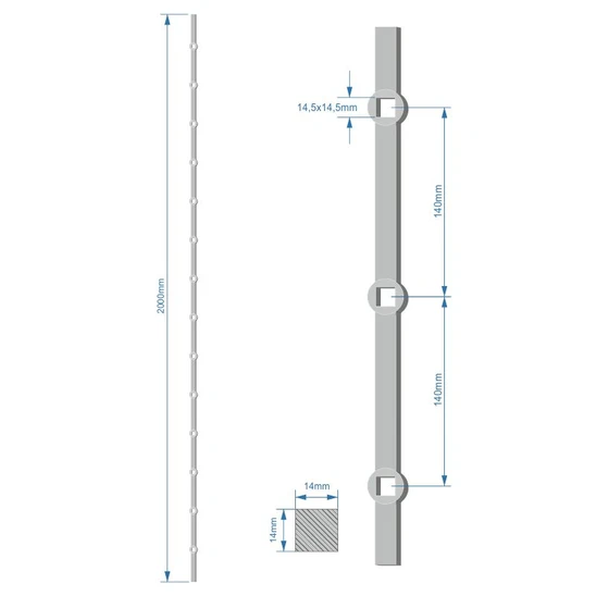 prebíjaná tyč H 2000mm opieskovaná, profil 14x14mm, rozteč dier 140mm, oko 14,5x14,5mm (14 dier)