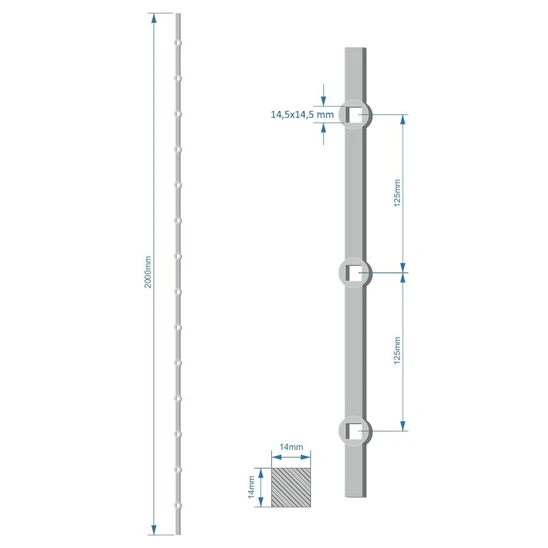 prebíjaná tyč H 2000mm opieskovaná, profil 14x14mm, rozteč dier 125mm, oko 14,5x14,5mm (14 dier)
