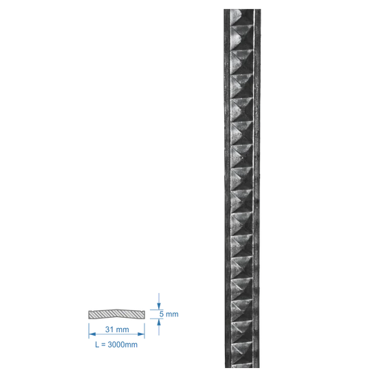 plochá tyč vzorovaná 31x9mm, čierna S235, L-3000mm, cena je uvedená za 3m kus.